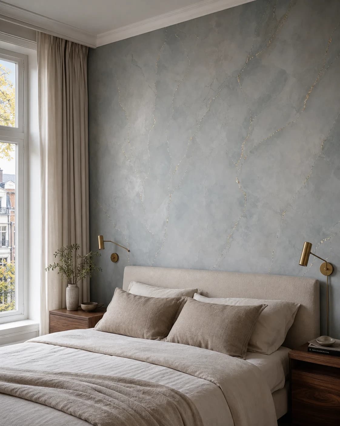 Kleur en textuur luxe blauwgrijs marmer goud slaapkamer wand