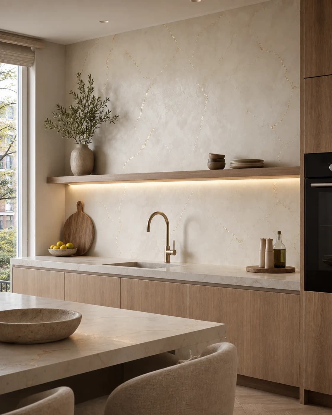 Kleur en textuur luxe gold mix marmer keuken wand