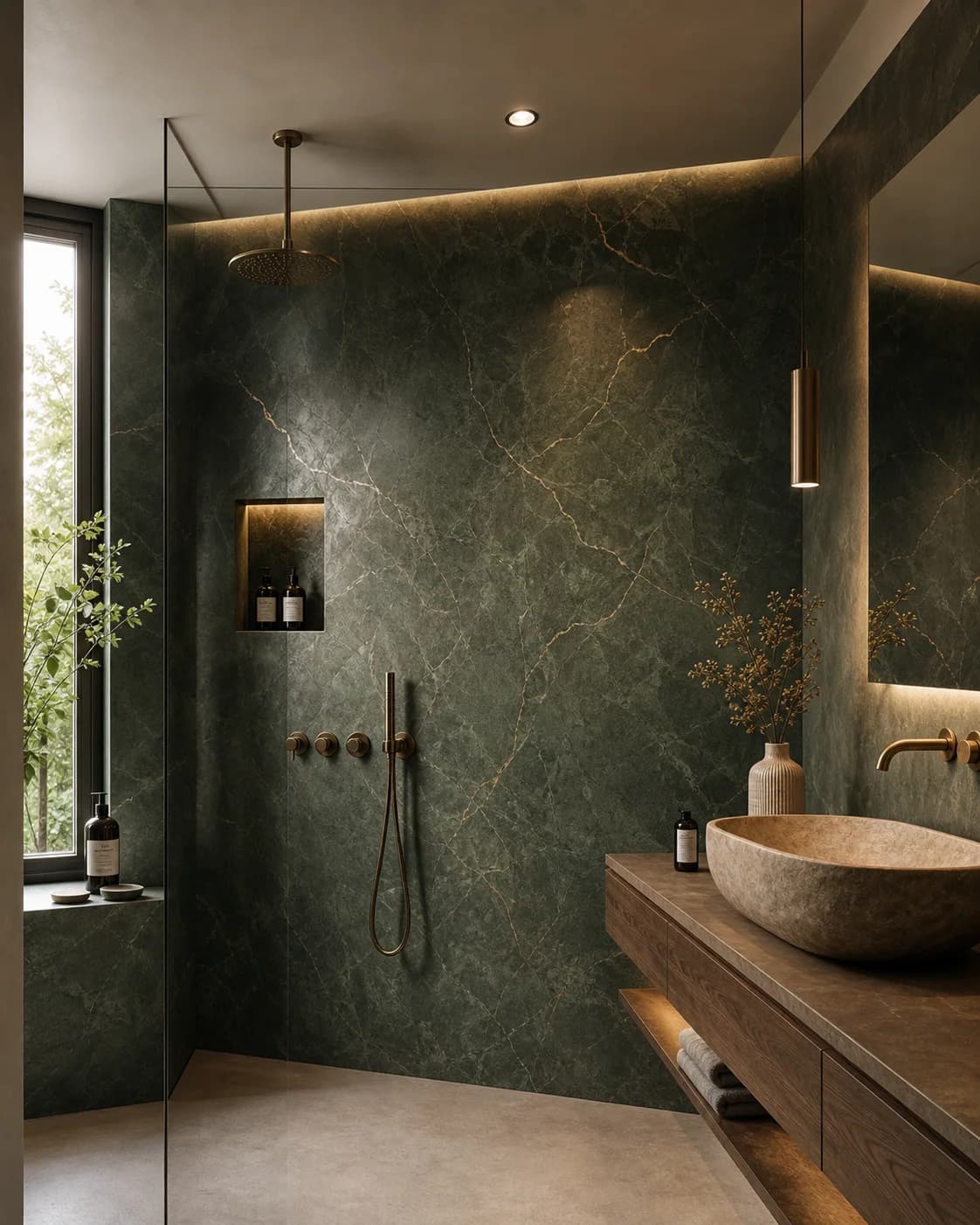Beton ciré luxe verde marmer goud badkamer wand