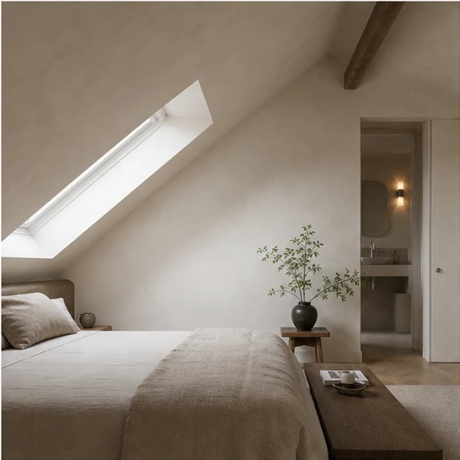 Plafonds attic warm white plaster bedroom