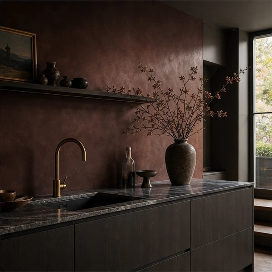 Kleur en textuur hotel chic burgundy townhouse kitchen
