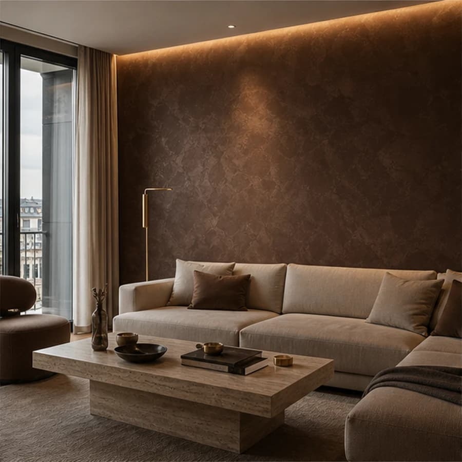 Kleur en textuur hotel chic chocolate penthouse living
