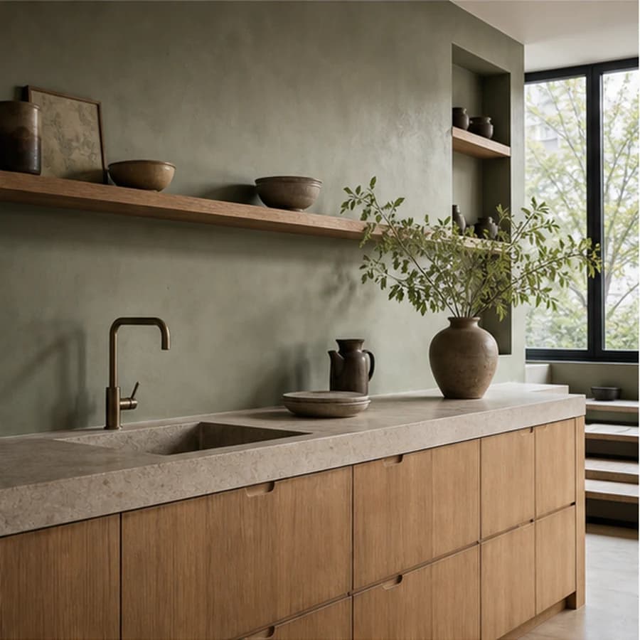 Kleur en textuur japandi sage kitchen townhouse