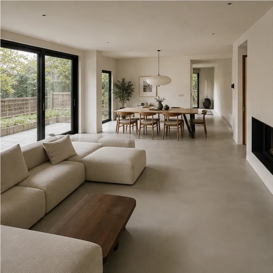 Vloeren warm grey microcement newbuild living floor