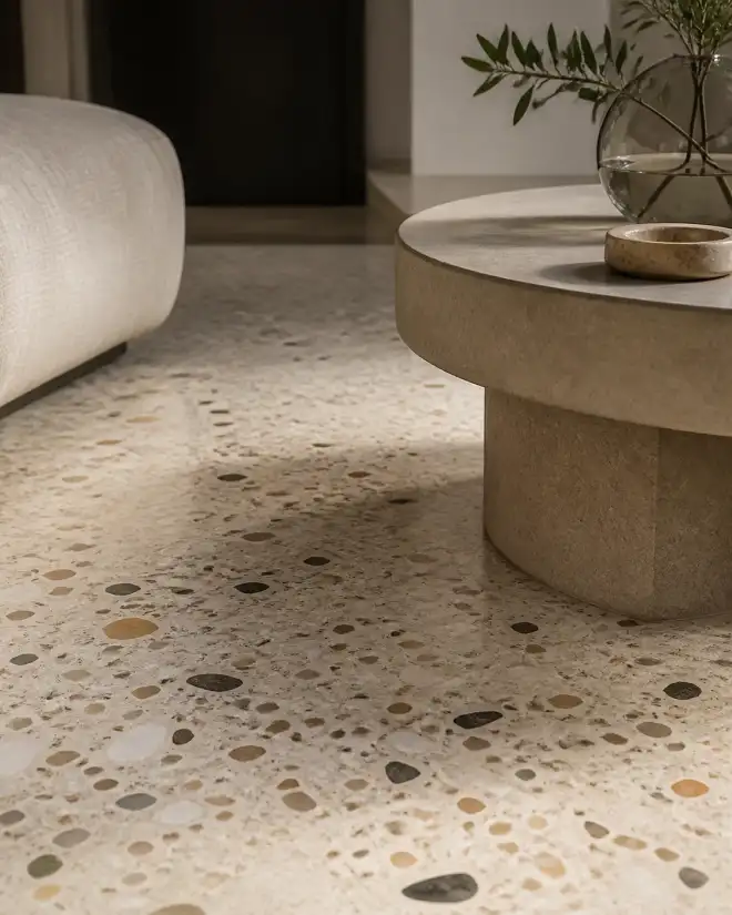 Liquid terrazzo: Minerale flakes en kleurmix voor een uitgesproken vloer of accent.