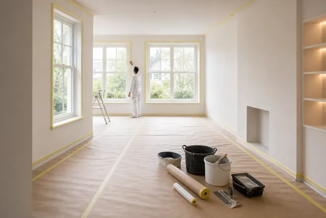 Netjes afgeplakte ruimte voor stucwerk en afwerking