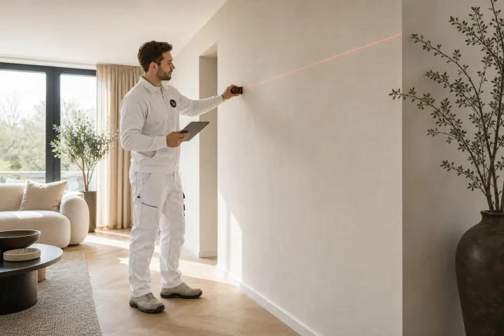 Vakman meet wand op tijdens opname