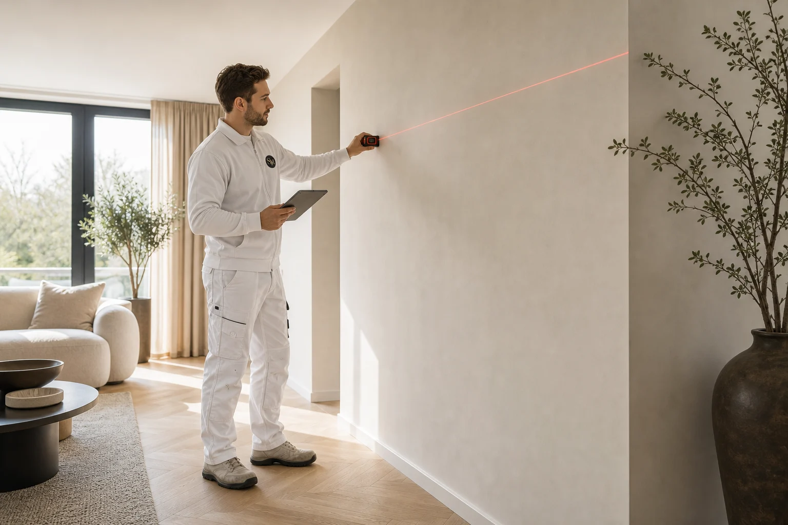 Vakman meet wand op tijdens opname